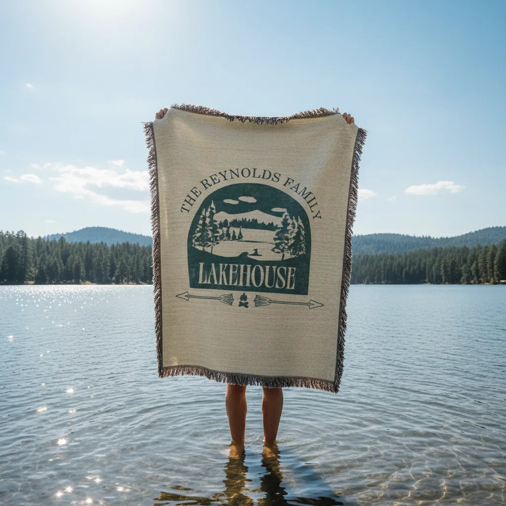 Rustic Family Lakehouse Personalized Woven Blanket